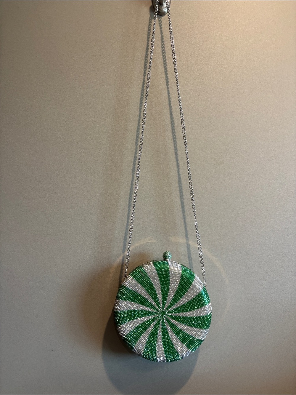 Green & White Beaded Round Crossbody Bag